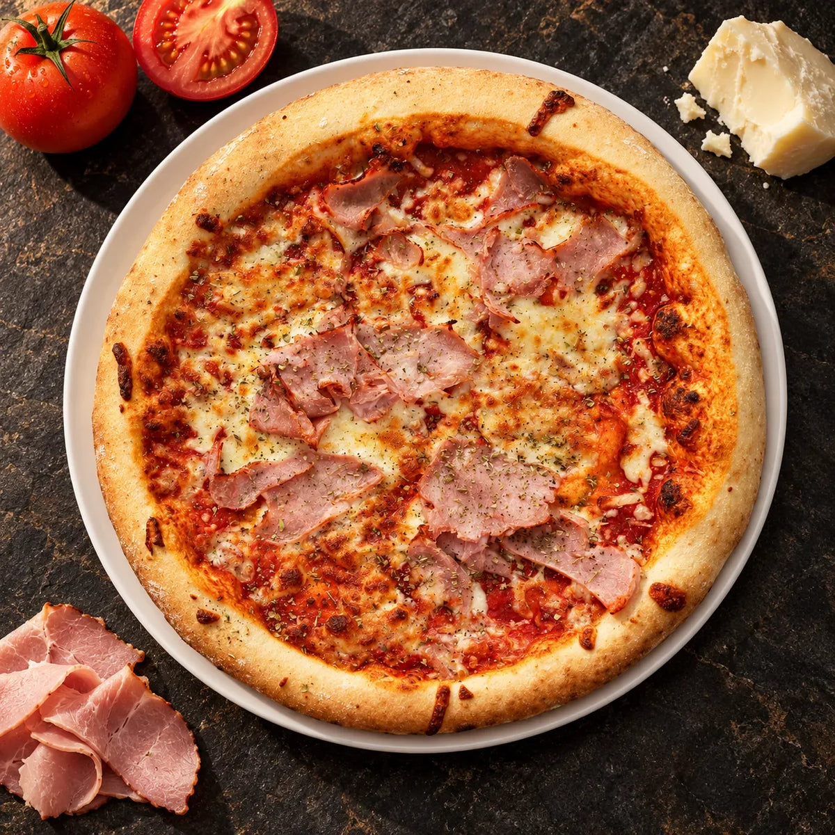 Pizza με ζαμπόν από πάνω, δίπλα ντομάτες, τυρί και φέτες ζαμπόν