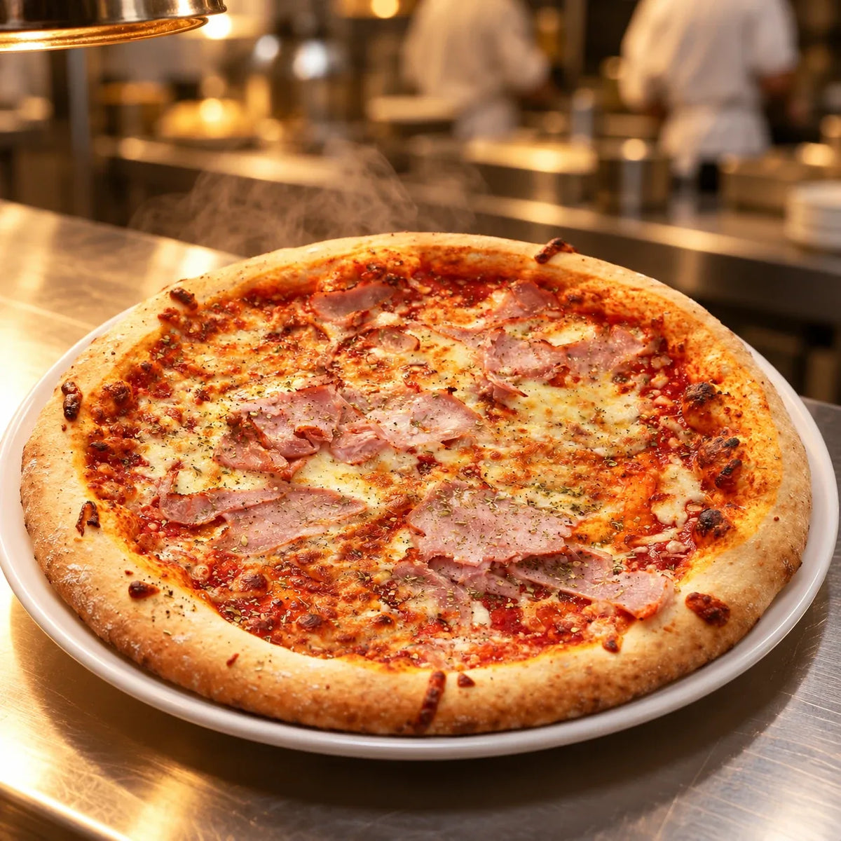 Φρεσκοψημένη Pizza με ζαμπόν στον ανοξείδωτο πάγκο επαγγελματικής κουζίνας