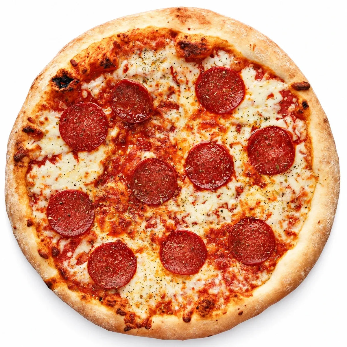 Pizza με σαλάμι 29 cm με μοτσαρέλα και σάλτσα ντομάτας, από πάνω σε λευκό φόντο