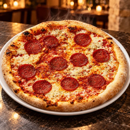 Pizza με σαλάμι σε λευκό πιάτο, σερβιρισμένη σε μαρμάρινο πάγκο εστιατορίου