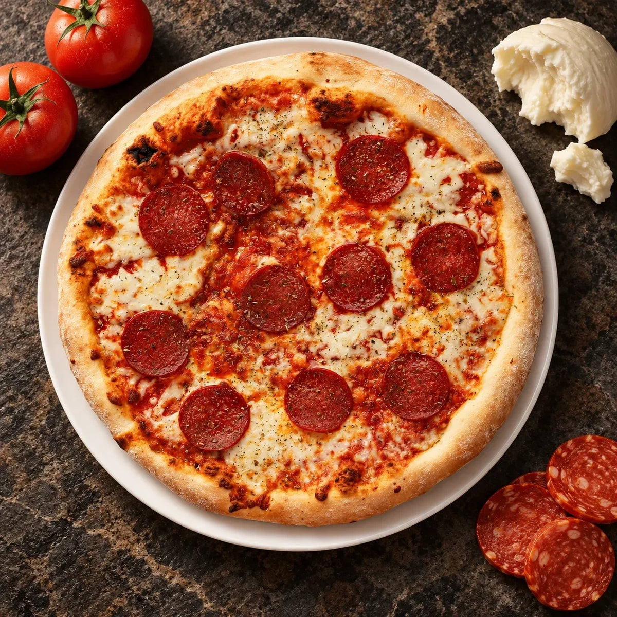 Pizza με σαλάμι από πάνω, δίπλα ντομάτες, μοτσαρέλα και φέτες σαλάμι