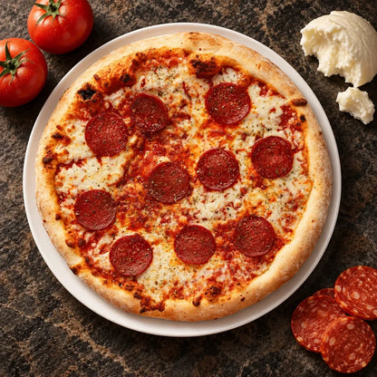 Pizza με σαλάμι από πάνω, δίπλα ντομάτες, μοτσαρέλα και φέτες σαλάμι
