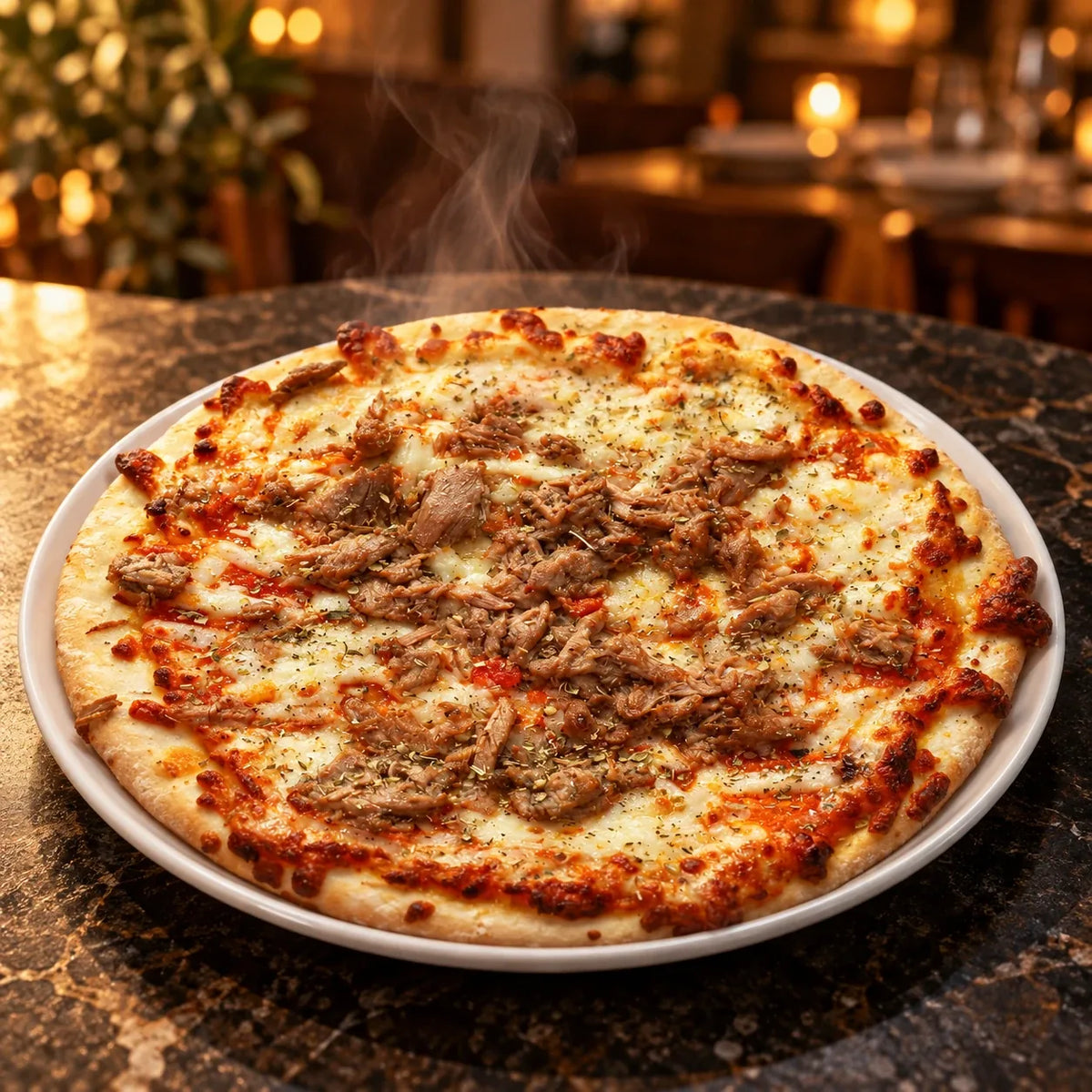 Pizza de atún humeante en un plato blanco sobre una mesa de restaurante