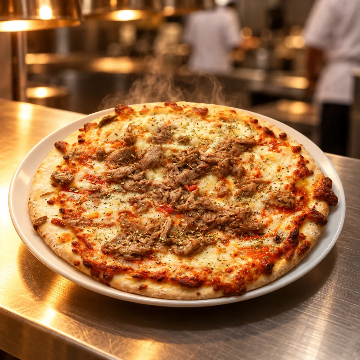 Pizza de atún lista para servir en el pase de cocina bajo lámparas de calor