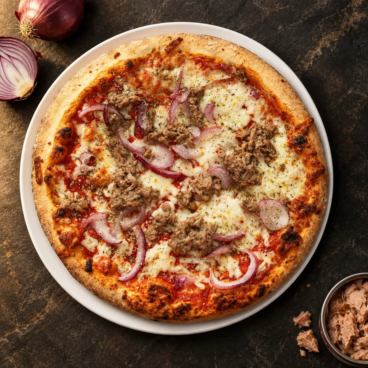 Pizza z tuńczykiem i czerwoną cebulą 29 cm z góry na białym talerzu na ciemnym kamieniu