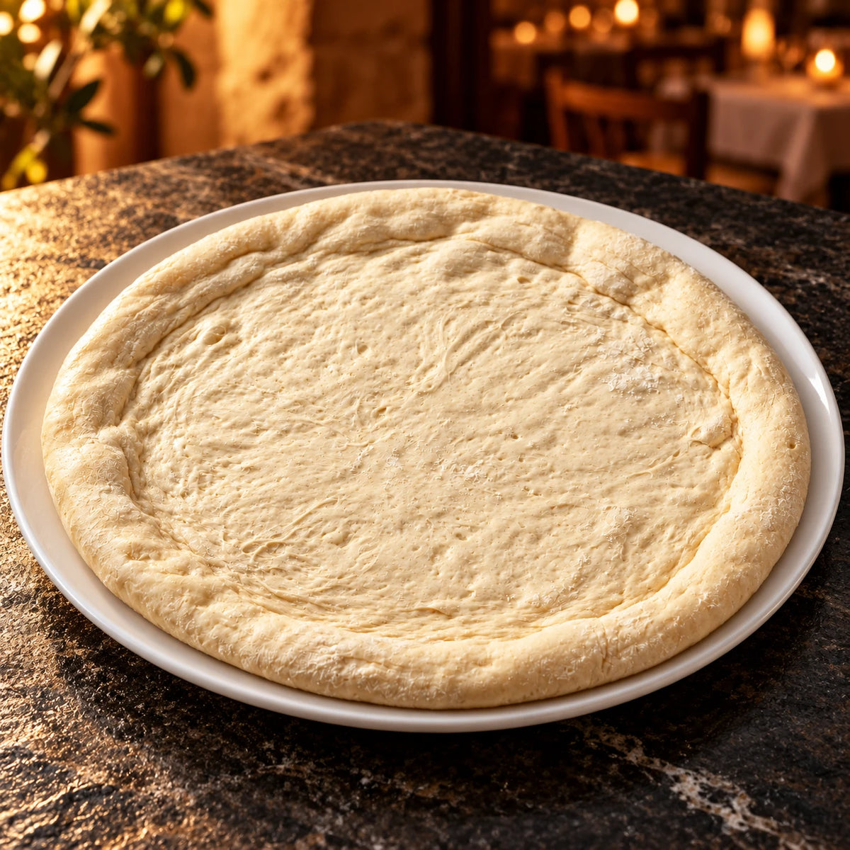 Pizzaboden 32 cm, angerichtet auf Teller an der Granittheke