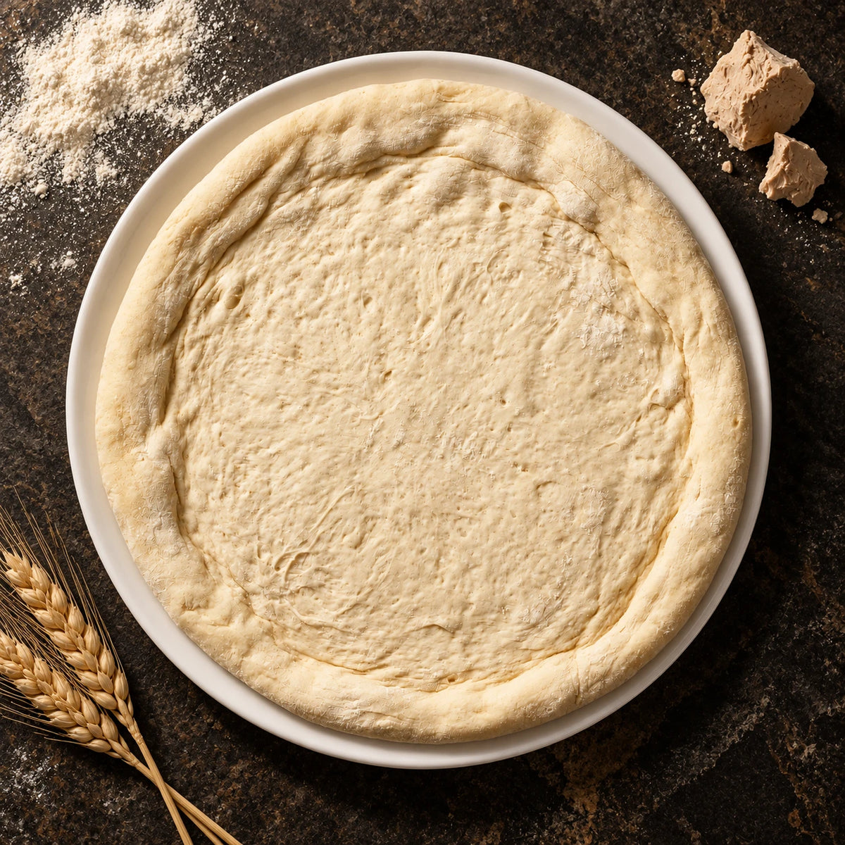 Pizzaboden 32 cm, Aufsicht mit Mehl, Hefe und Weizenähren