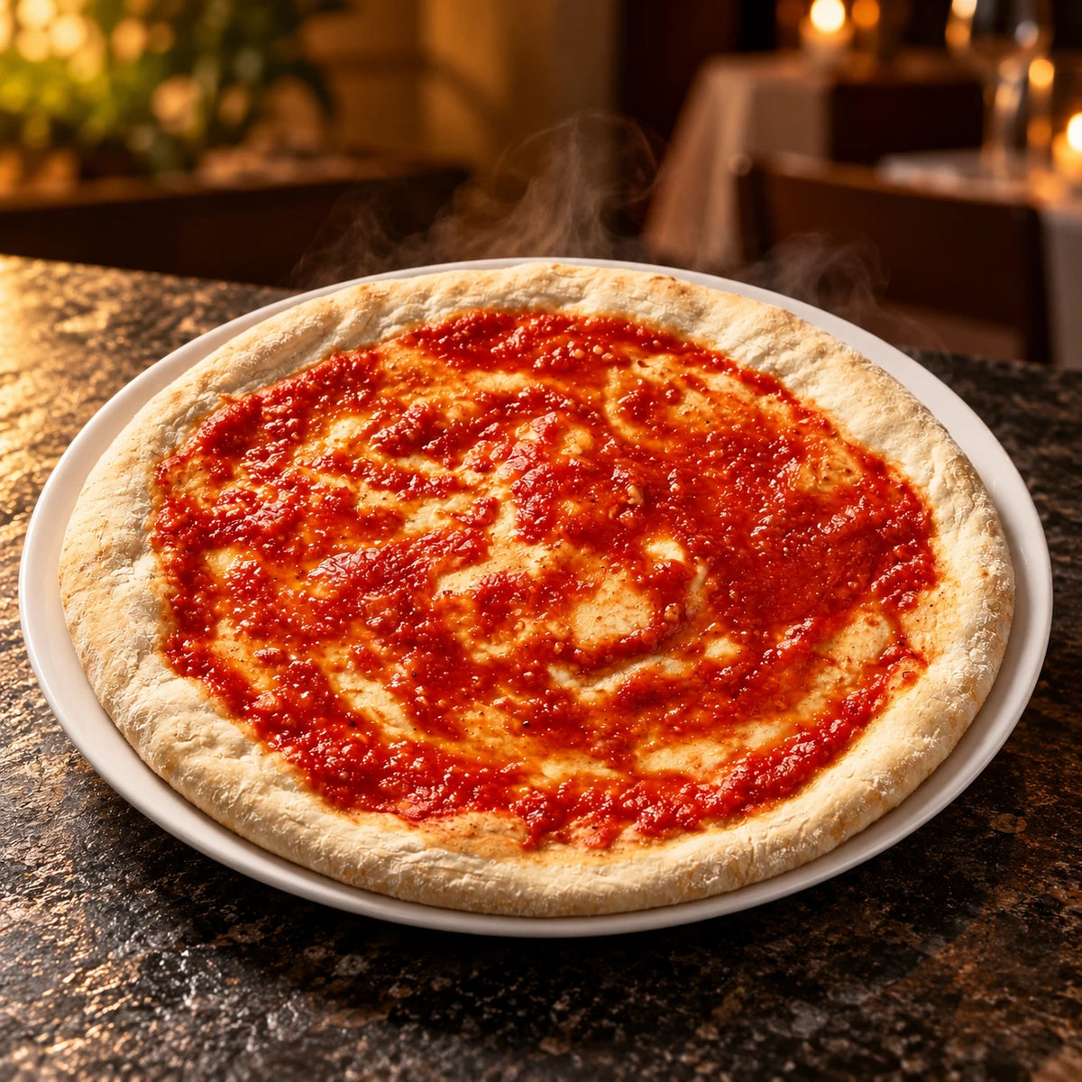 Pizza base with tomato sauce 32 cm, plated in a restaurant