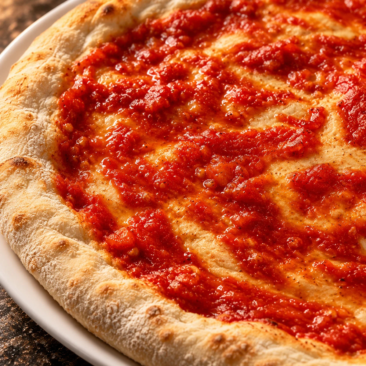 Pizza base with tomato sauce 32 cm, close-up of rim and sauce