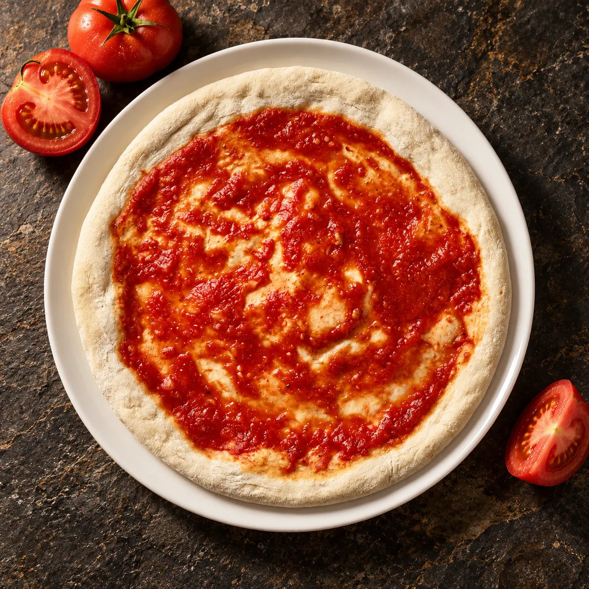 Pizza base with tomato sauce 32 cm, overhead view with tomatoes