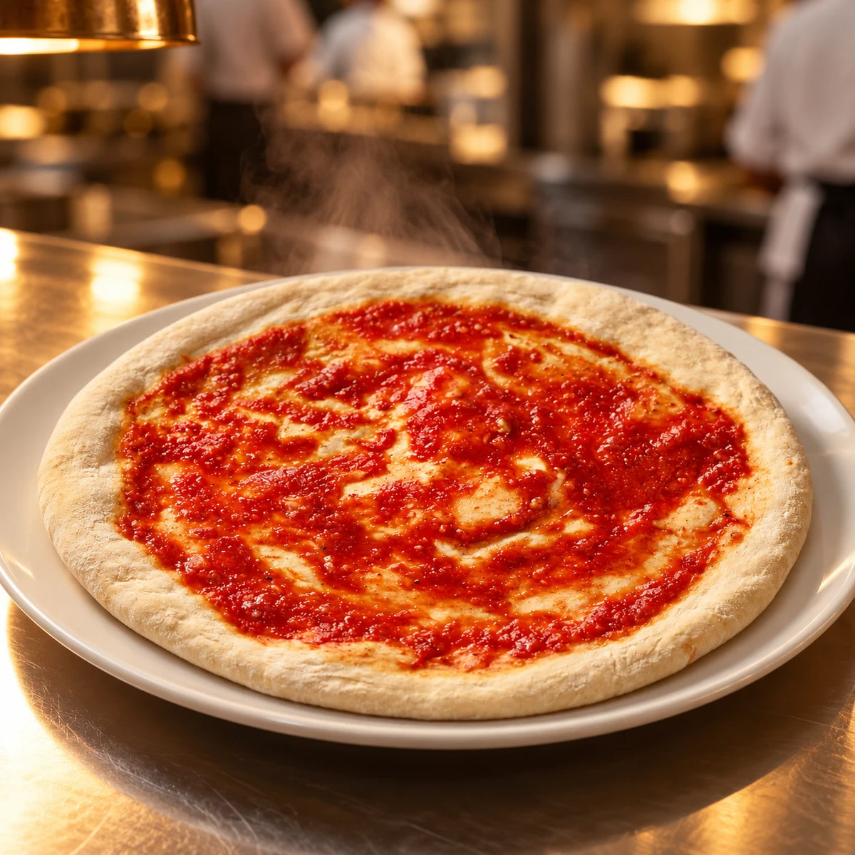 Pizza base with tomato sauce 32 cm, in the restaurant kitchen