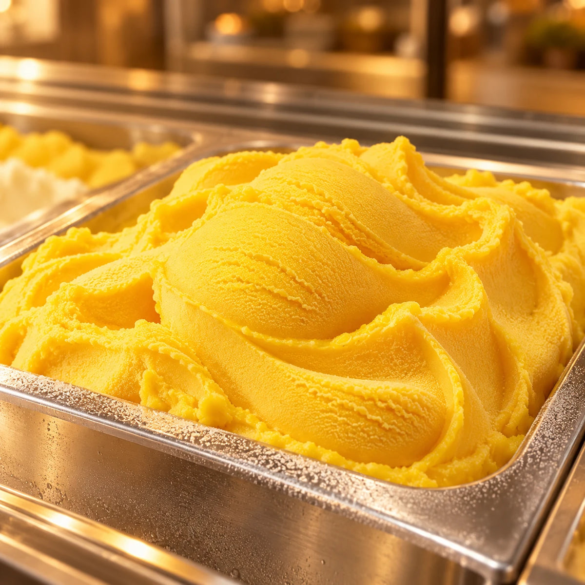 Sorbete de mango en cubeta de acero inoxidable en una vitrina de helados con luz cálida