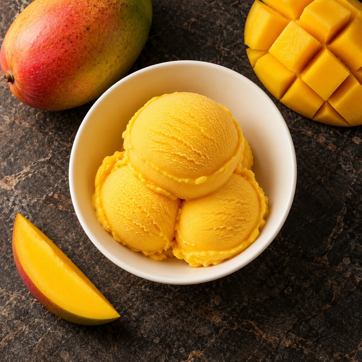 Tres bolas de sorbete de mango desde arriba en un cuenco blanco sobre piedra oscura, junto a un mango entero, una tajada y mango en dados