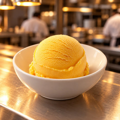 Cuenco blanco con una bola de sorbete de mango en el pase de una cocina profesional