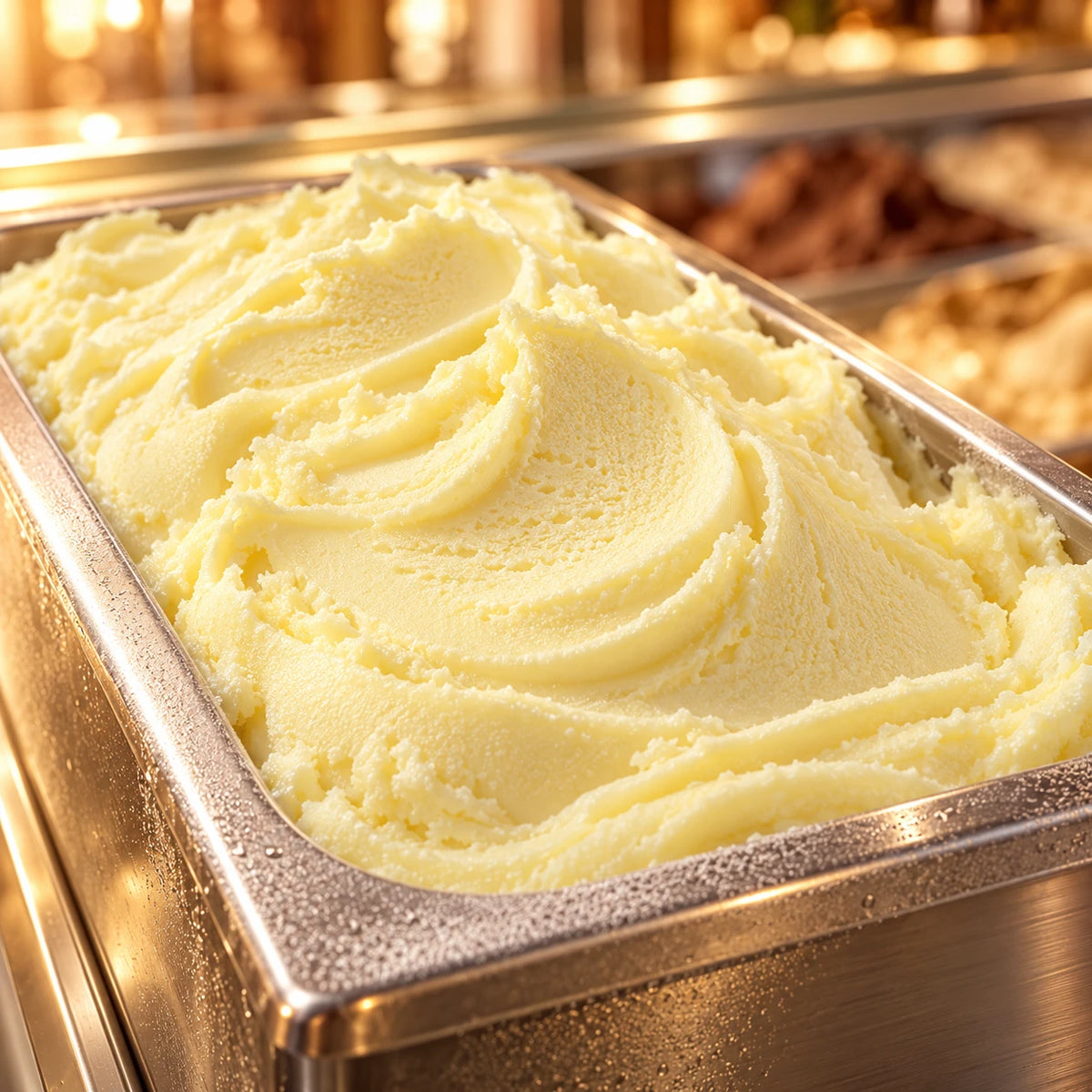 Sorbete de limón en cubeta de acero inoxidable en una vitrina de helados con luz cálida