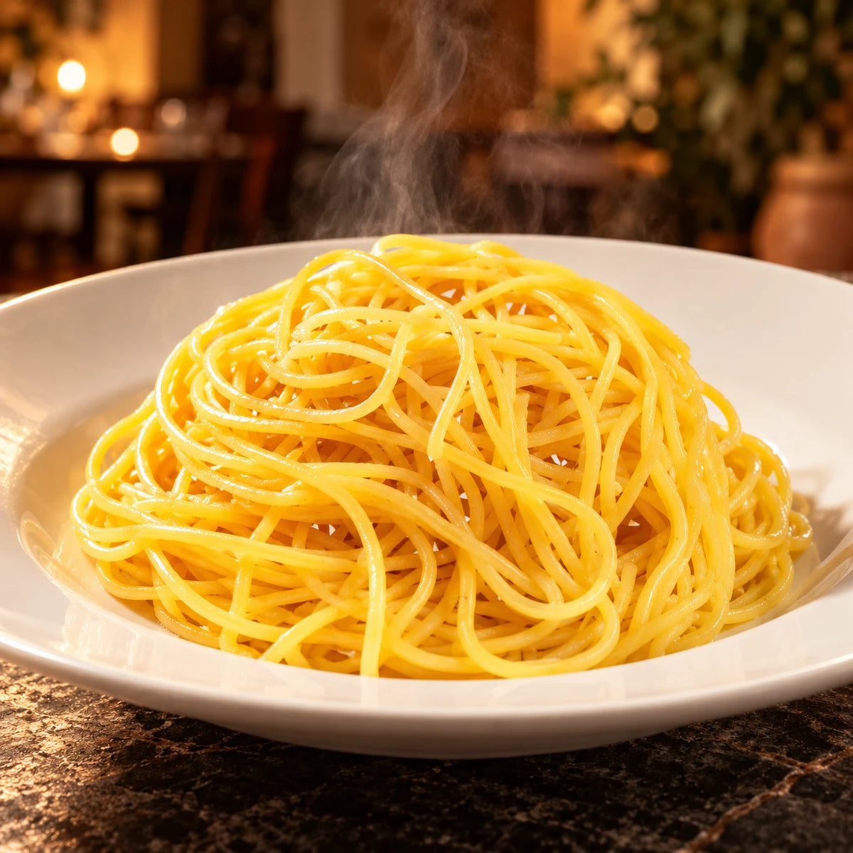 Spaghetti alla Chitarra na białym talerzu w ciepło oświetlonej restauracji