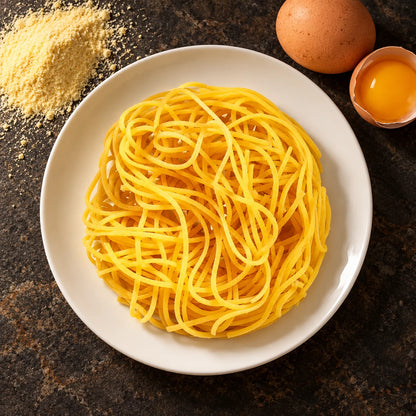 Spaghetti alla Chitarra na białym talerzu z góry na ciemnym kamieniu, obok składniki