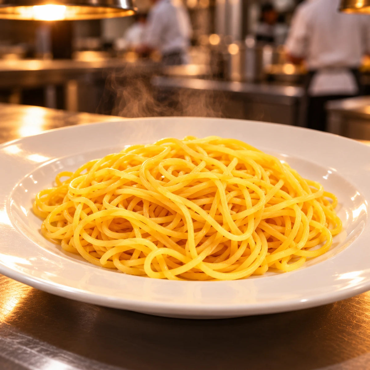 Spaghetti alla Chitarra na białym talerzu przy wydawce profesjonalnej kuchni