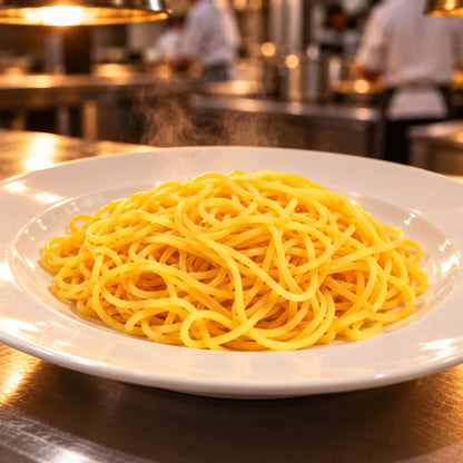 Spaghetti alla Chitarra na białym talerzu przy wydawce profesjonalnej kuchni