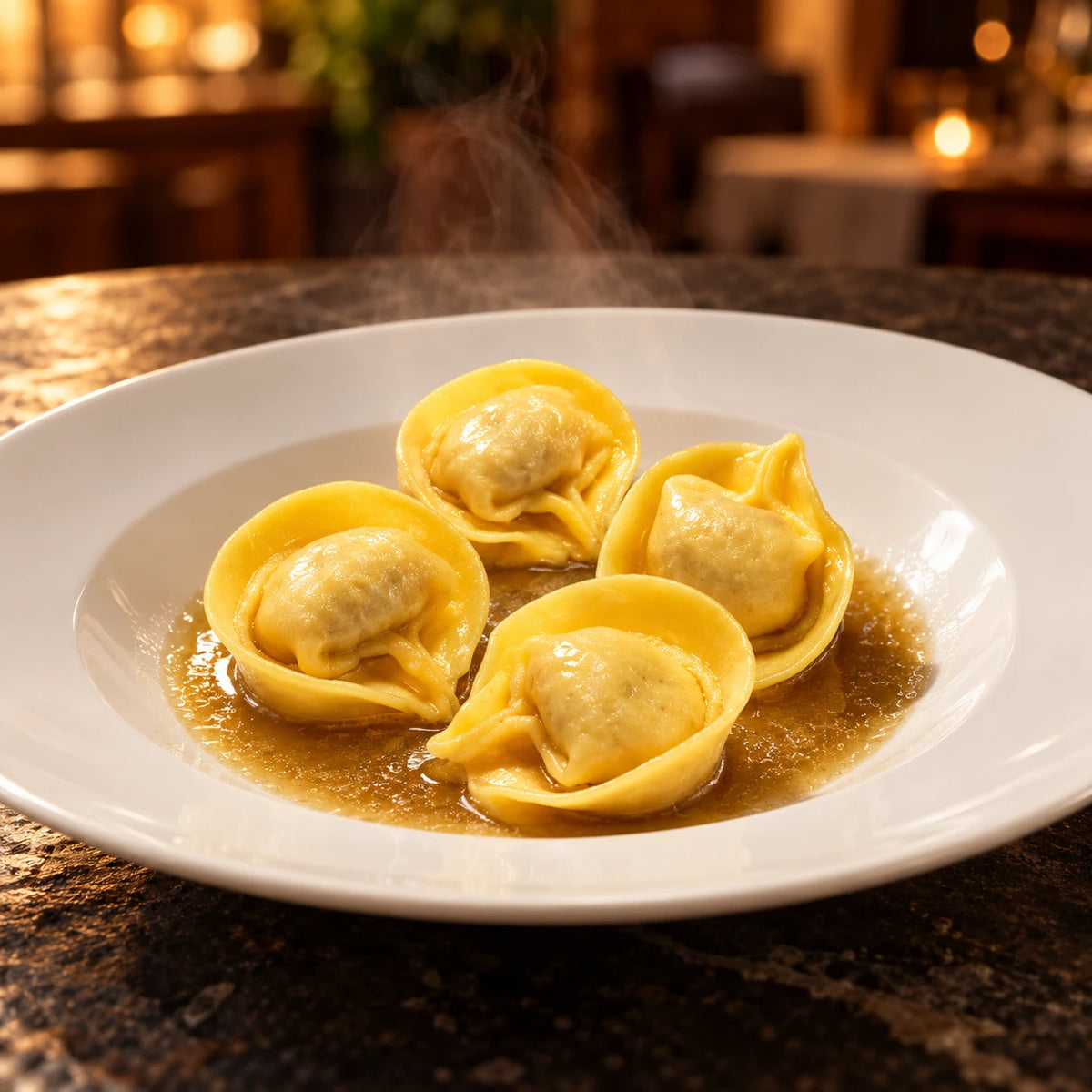 Tortellini al Brasato di Manzo na bijelom tanjuru u toplo osvijetljenom restoranu