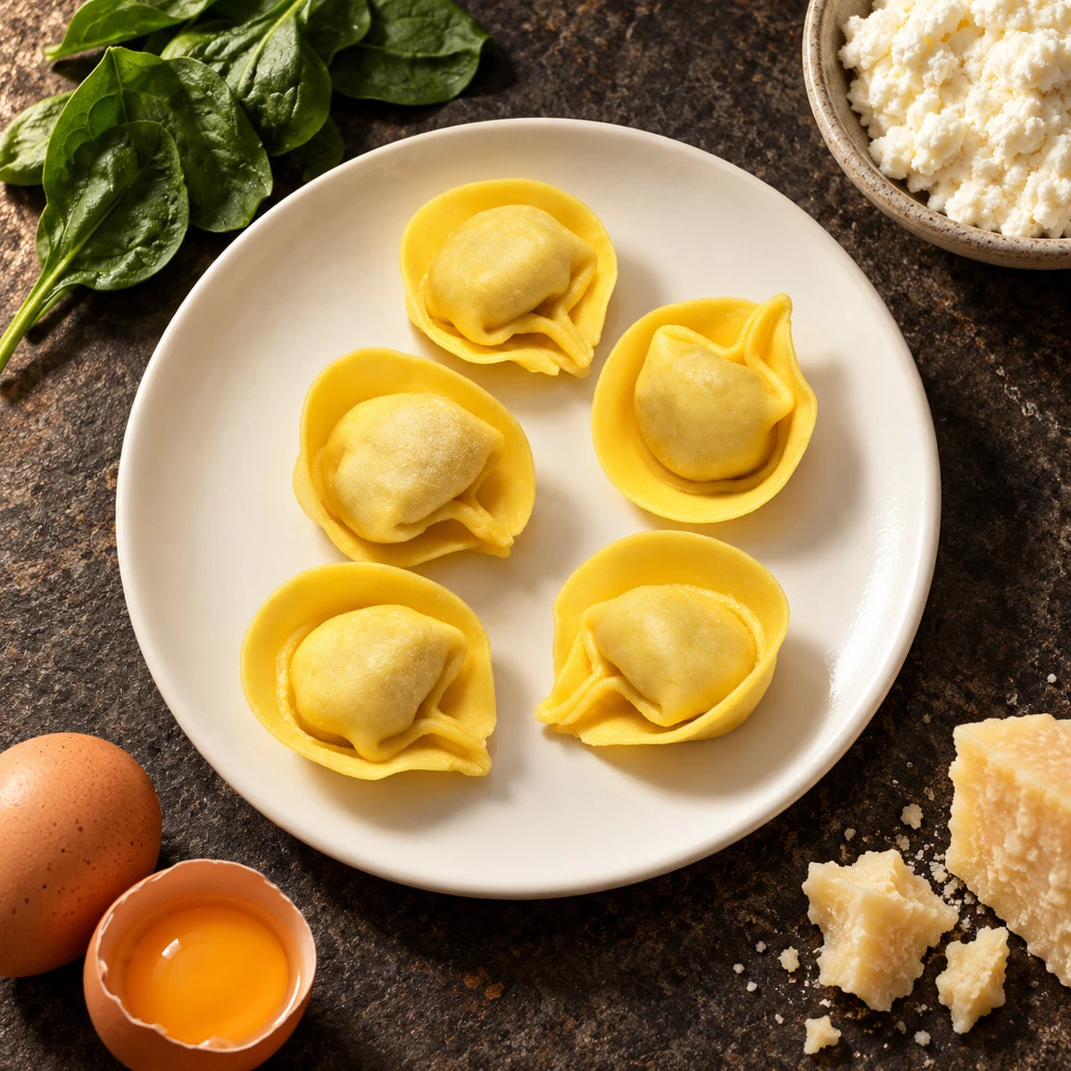 Tortellini al Brasato di Manzo na bijelom tanjuru odozgo na tamnom kamenu, pokraj sastojci