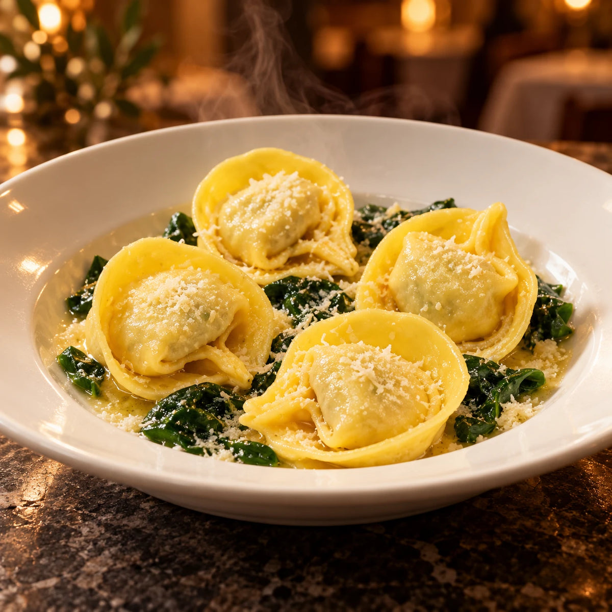 Tortellini Ricotta e Spinaci su piatto bianco in un ristorante dalla luce calda