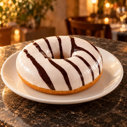 Donut w polewie waniliowej na białym talerzu w ciepło oświetlonej restauracji