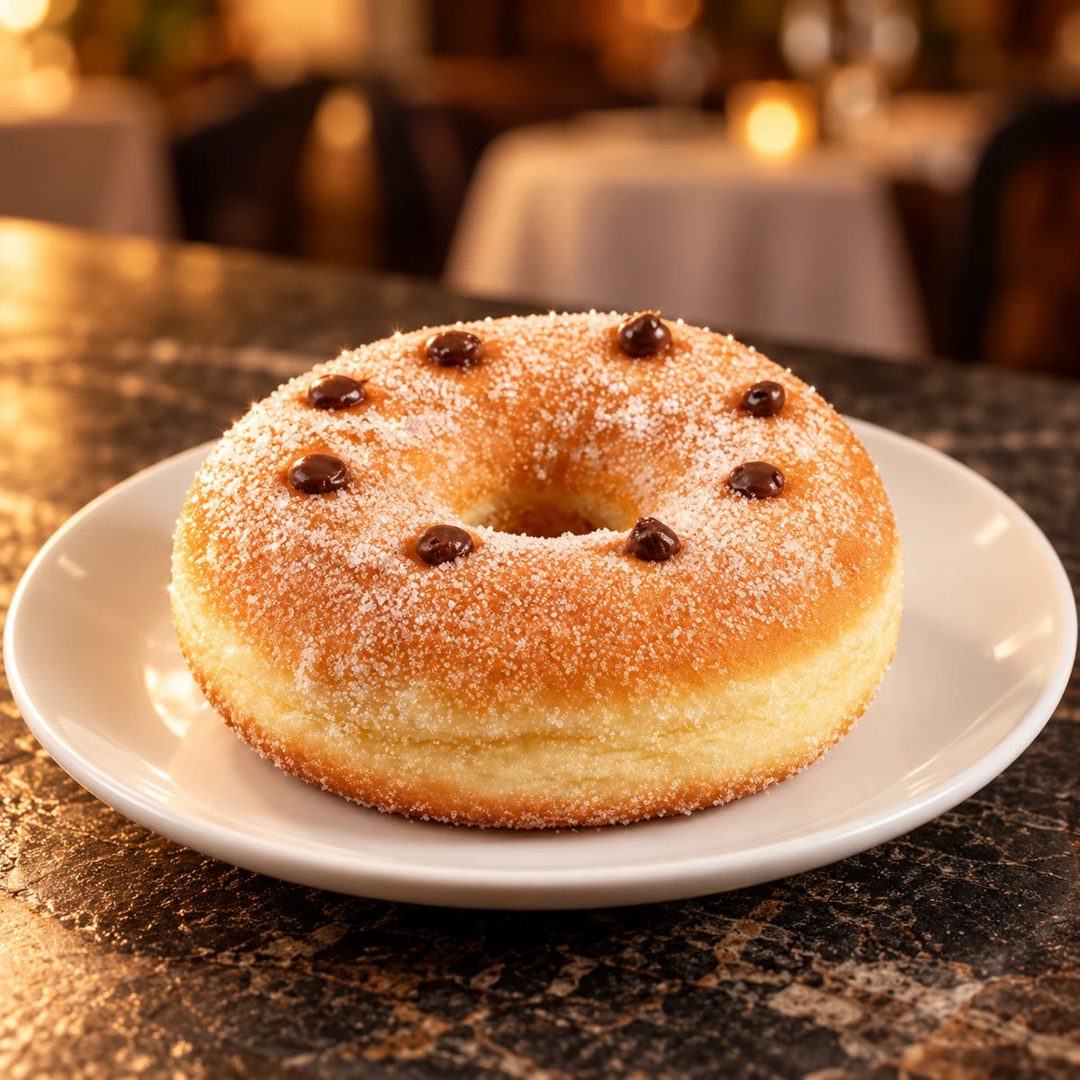 Rosquilla XXL de chocolate en plato blanco en un restaurante con luz cálida