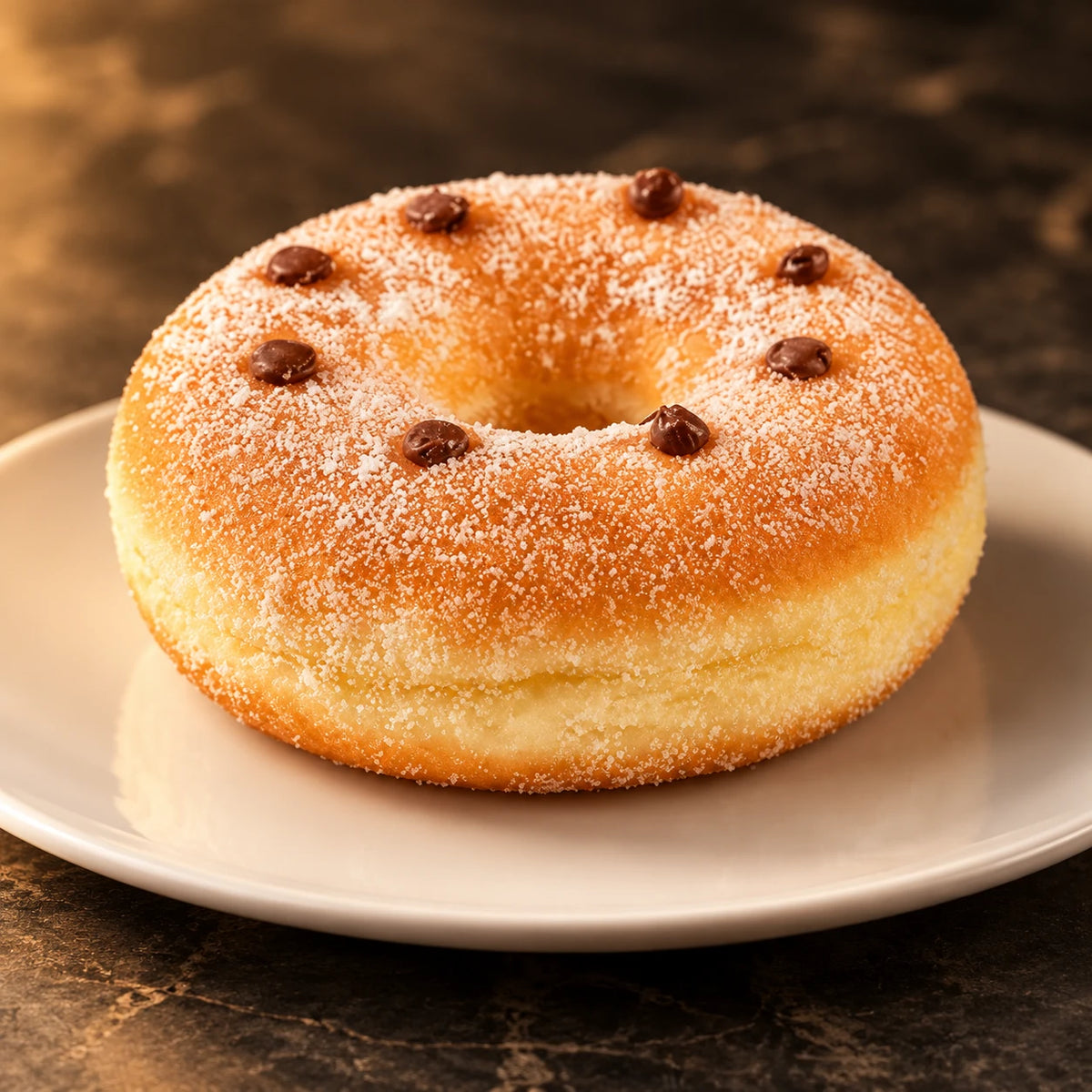 Primer plano de la rosquilla XXL de chocolate azucarada en plato blanco sobre piedra oscura