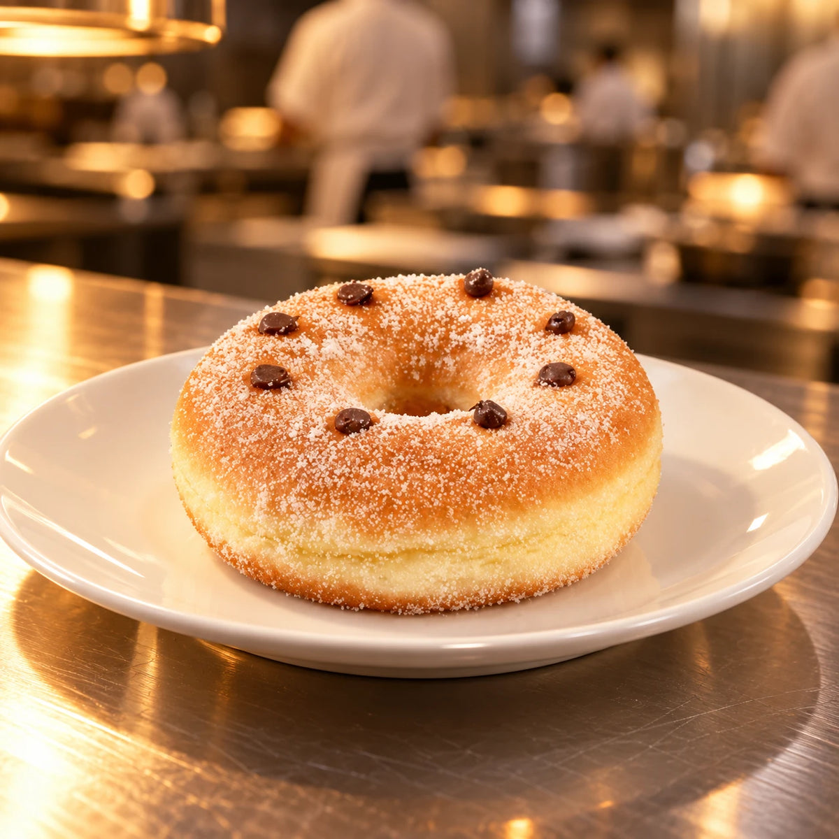 Rosquilla XXL de chocolate en plato blanco en el pase de una cocina profesional