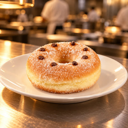 Rosquilla XXL de chocolate en plato blanco en el pase de una cocina profesional