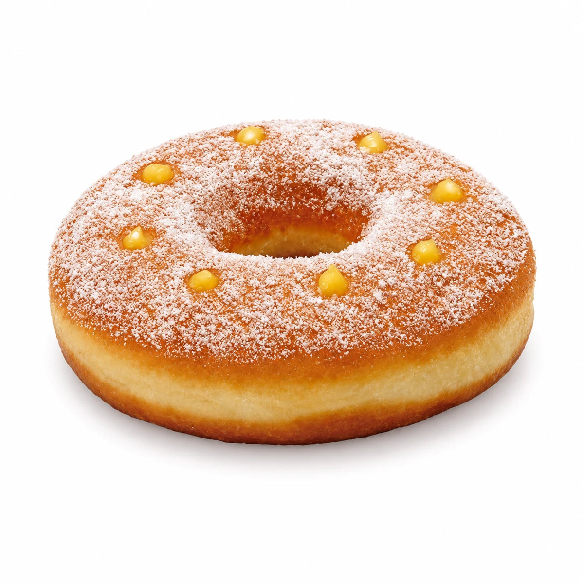 Rosquilla XXL de vainilla con azúcar granulado y gotas de crema de vainilla sobre fondo blanco