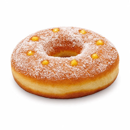 Rosquilla XXL de vainilla con azúcar granulado y gotas de crema de vainilla sobre fondo blanco