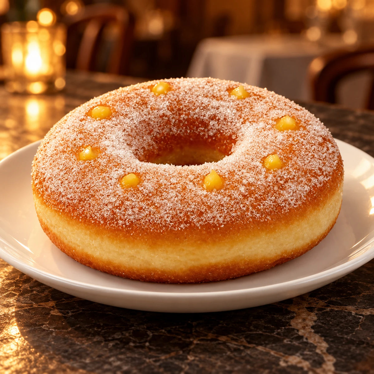 Rosquilla XXL de vainilla en plato blanco en un restaurante con luz cálida