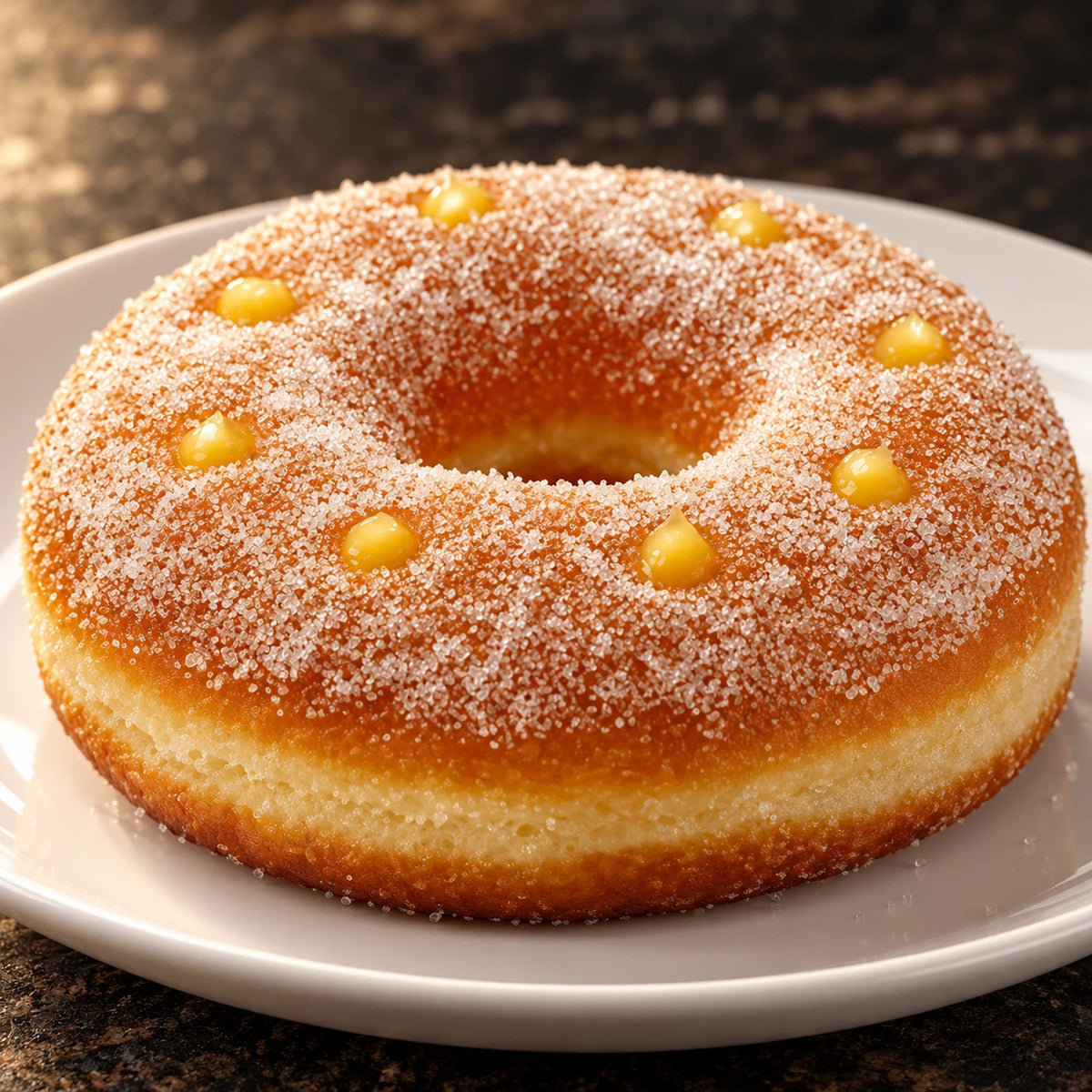 Primer plano de la rosquilla XXL de vainilla azucarada en plato blanco sobre piedra oscura