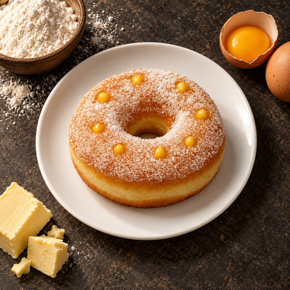 Rosquilla XXL de vainilla en plato blanco vista desde arriba sobre piedra oscura, con harina, un huevo y mantequilla al lado