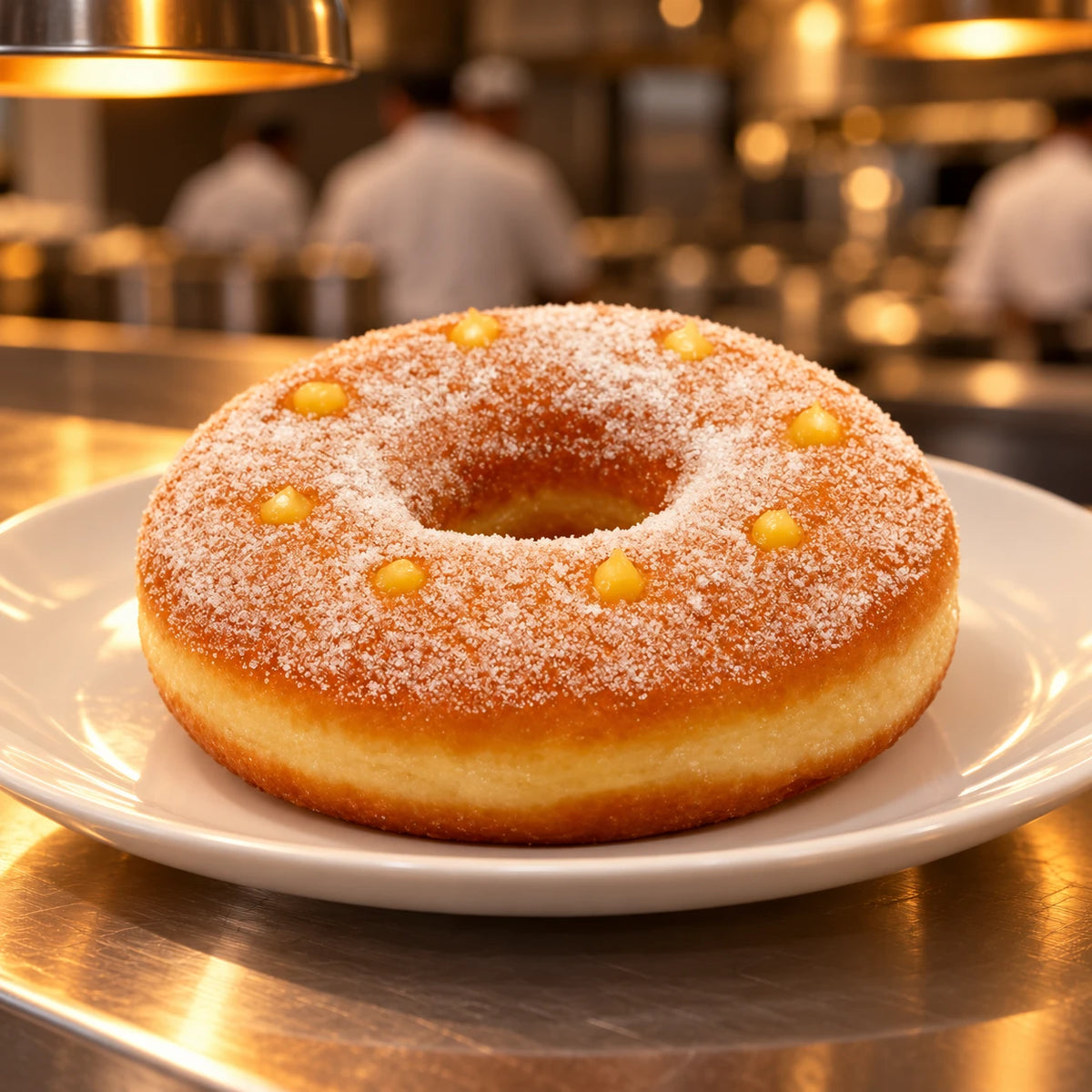 Rosquilla XXL de vainilla en plato blanco en el pase de una cocina profesional