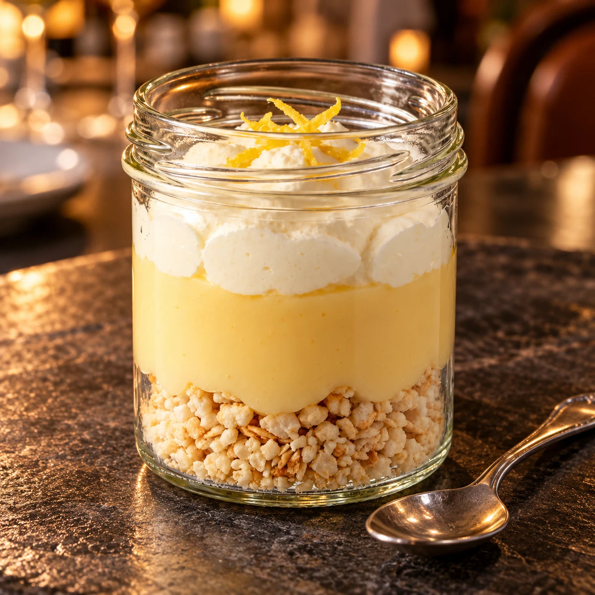 Postre de tarta de limón en vasito con cucharilla sobre una mesa de piedra en un restaurante de luz cálida