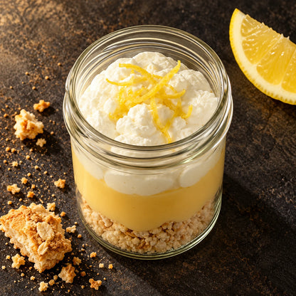Postre de tarta de limón sobre piedra oscura con un gajo de limón y migas de galleta