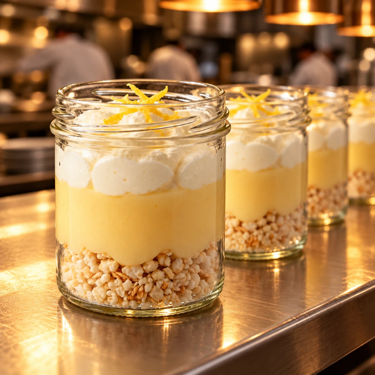 Varios vasitos de postre de tarta de limón en fila en el pase de una cocina profesional